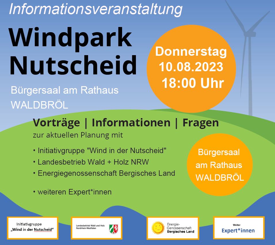 Ein Plakat mit einer grünen Fläche und einer Windkraftanlage. Dazu der Text: WIndpark Nutscheid