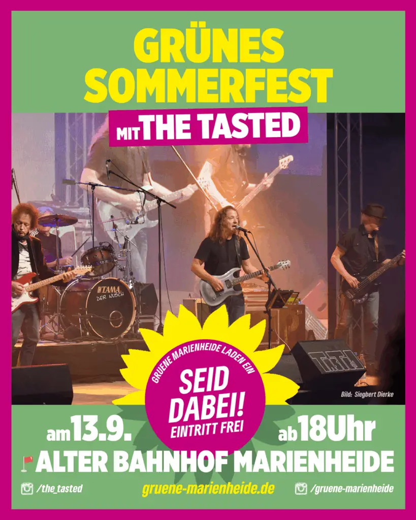 Einladung des Ortsverbandes Marienheide zum Sommerfest, mit der Band 'The Tasated' am 13.9. ab 18 Uhr im Alten Bahnhof