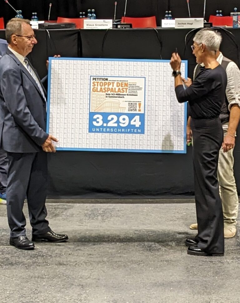 Landrat Jochen Hagt und Bernadette Reinery-Hausmann mit einem großen Schild. Darauf das Logo der Petition STOPPT DEN GLASPALAST und die Zahl 3.294
