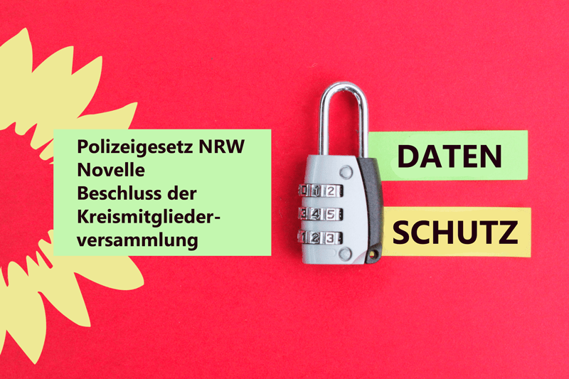 auf rotem Hintergrund mit ghelber Sonnenblume, ein metallenes Zahlenschloss. Rechts davon in zwei Blöcken oben "Daten" unten "Schutz" in gelb und grünlichem Rahmen. Links davon der Titel des Beitrags.