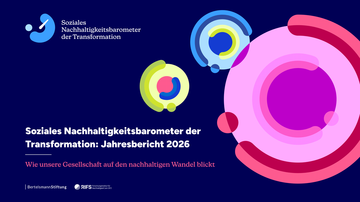Titelgrafik des „Sozialen Nachhaltigkeitsbarometers der Transformation 2026“ von Bertelsmann Stiftung und RIFS mit abstrakten farbigen Kreisen auf dunkelblauem Hintergrund.